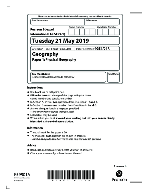 Geography 4GE1/01R June  2019 | Edexcel  IGCSE Past Papers With Mark Scheme
