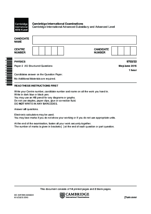 Paper 1, Variant 3, May June 2015 | Cambridge AS - A Level Physics (9702) Past Papers