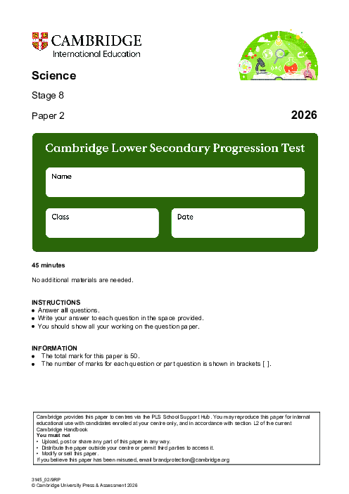 Progression Test Stage 8 Science 2026 Paper 2 pdf