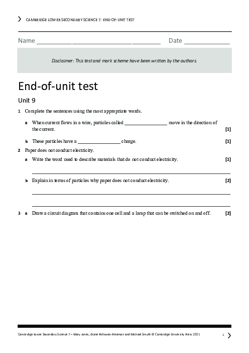 Year 7 Science End of Unit 9 Test - Answers Included