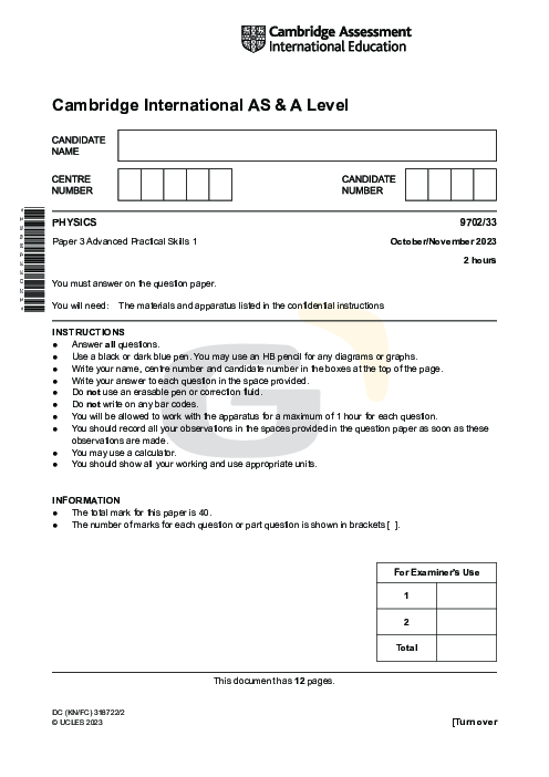 Physics 9702/34 Oct Nov 2023 | Cambridge AS Level Past Papers With Mark Scheme