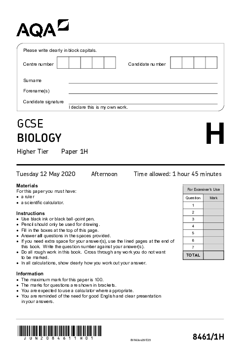 Biology 8461/1H June 2020