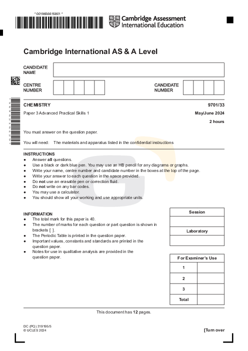 Chemistry 9701/33 May June 2024 | Cambridge AS Level Past Papers With Mark Scheme