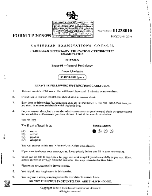 Physics June 2019 Paper 1