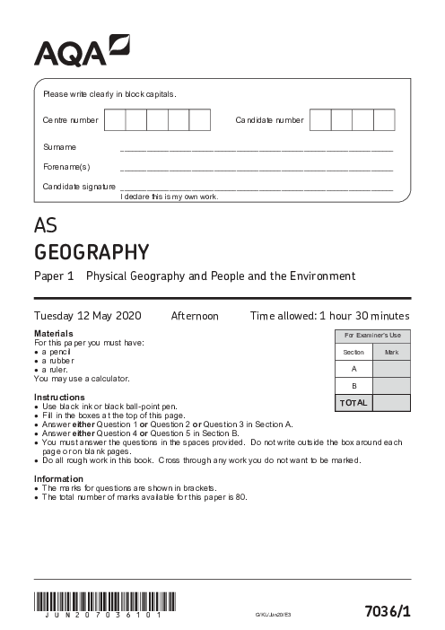 Geography 7036 Paper 1 June 2020, AQA AS-Level Past Papers with Mark Schemes