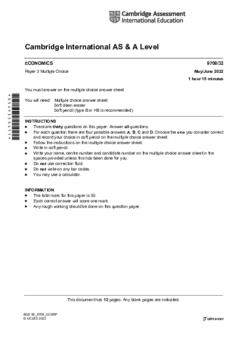 Economics 9708/32 May June 2022 | Cambridge AS Level Past Papers With Mark Scheme