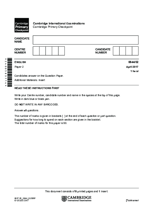 ENGLISH 0844,02 April 2017 | Cambridge Primary Checkpoint Past Papers and Mark Schemes