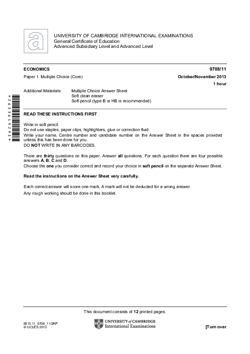 Economics 9708/11 Oct Nov 2013 | Cambridge AS Level Past Papers With Mark Scheme