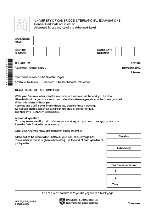 Chemistry 9701/34 May June 2012 | Cambridge AS Level Past Papers With Mark Scheme