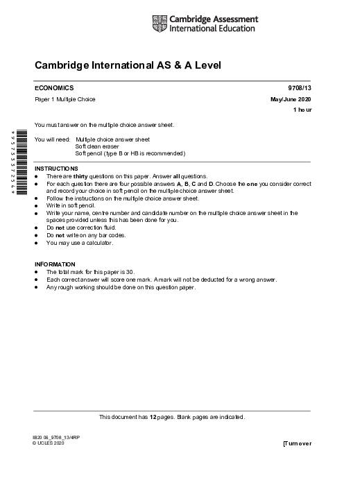 Paper 1, Variant 2, May June 2020 | Cambridge AS - A Level Economics (9708) Past Papers