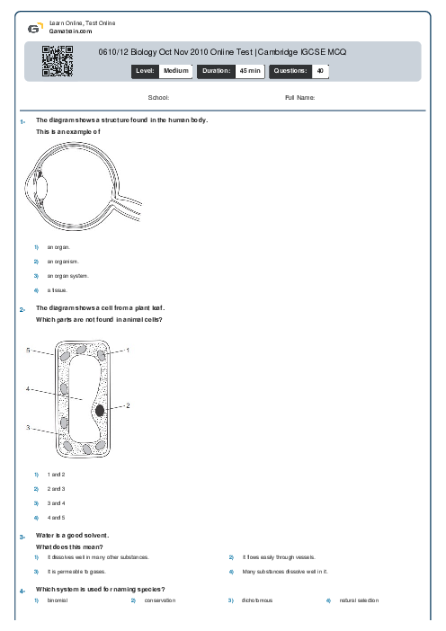 0610/12 Biology Oct Nov 2010 Online Test | Cambridge IGCSE MCQ