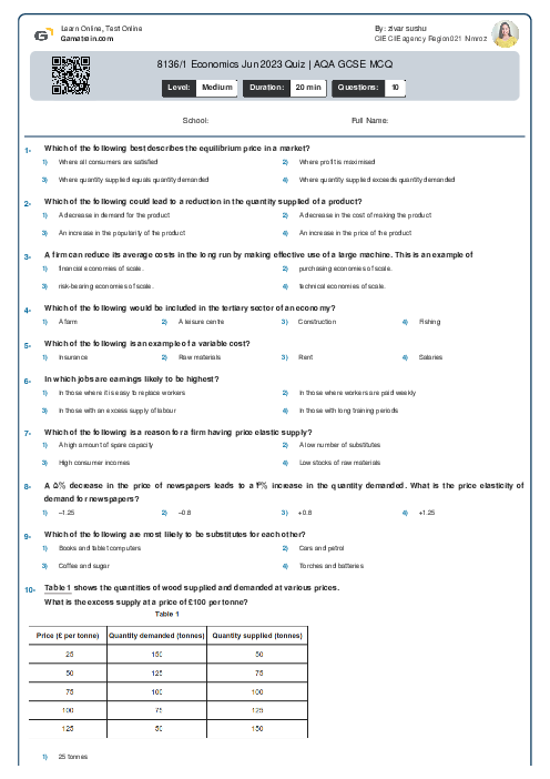 8136/1 Economics Jun 2023 Quiz | AQA GCSE MCQ
