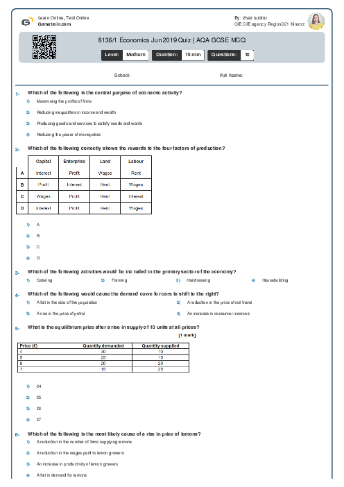 8136/1 Economics Jun 2019 Quiz | AQA GCSE MCQ