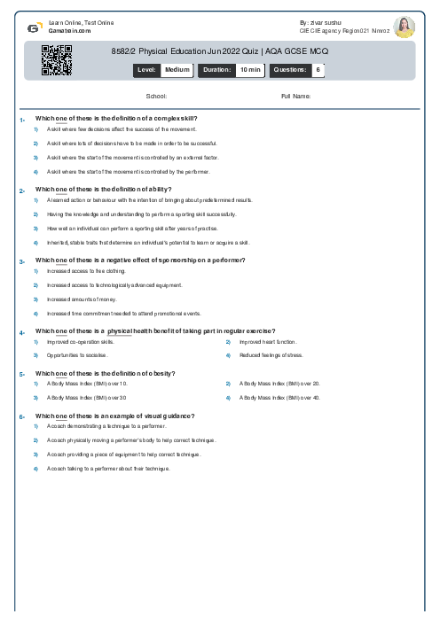 8582/2 Physical Education Jun 2022 Quiz | AQA GCSE MCQ