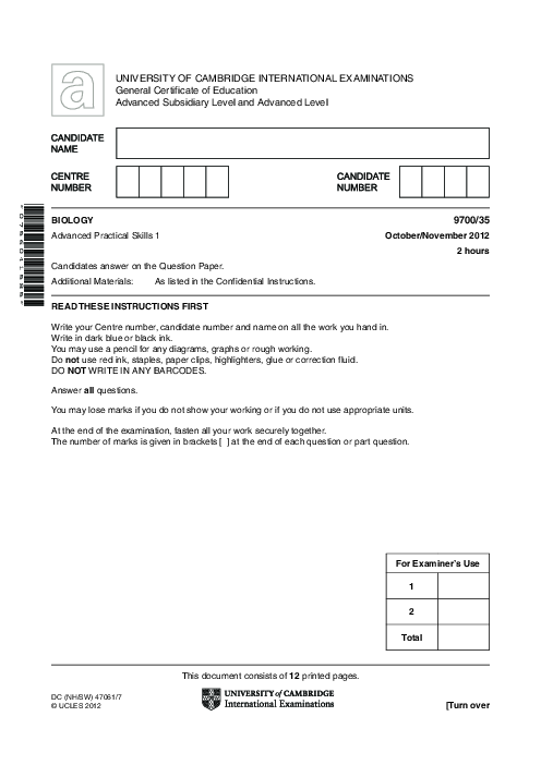 Biology 9700/34 Oct Nov 2012 | Cambridge AS Level Past Papers With Mark Scheme