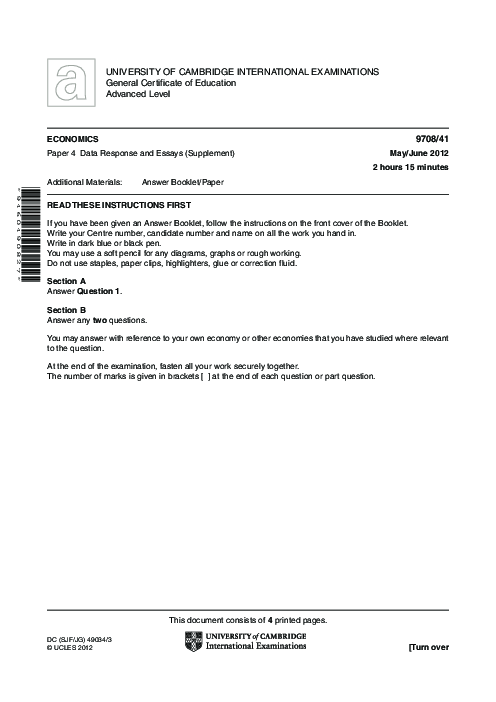 Economics 9708/33 May June 2012 | Cambridge AS Level Past Papers With Mark Scheme