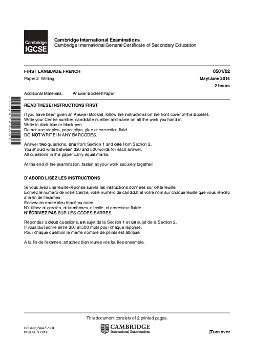 French First Language 0501/02 May June 2014