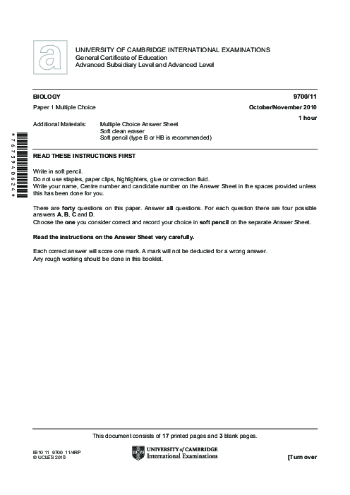 Biology 9700/11 Oct Nov 2010 | Cambridge AS Level Past Papers With Mark Scheme