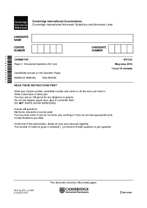 Chemistry 9701/21 May June 2014 | Cambridge AS Level Past Papers With Mark Scheme