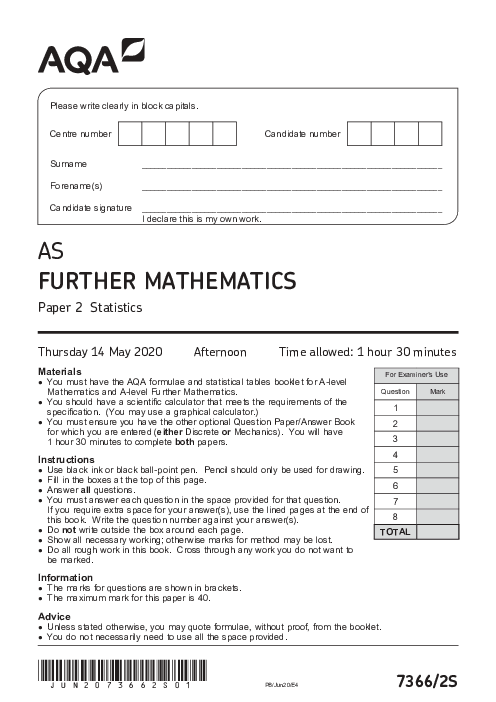 Further Mathematics 7366 Paper 2S June 2020, AQA AS-Level Past Papers with Mark Schemes