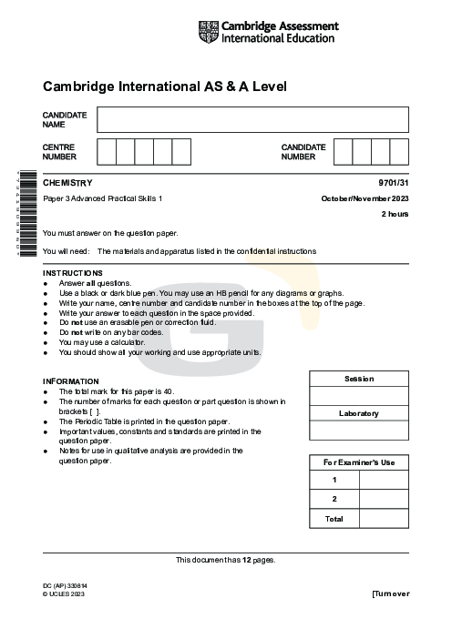 Chemistry 9701/31 Oct Nov 2023 | Cambridge AS Level Past Papers With Mark Scheme