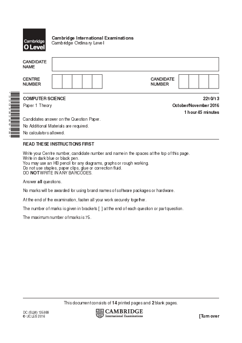  Computer Science 2210/22 May June 2016 | Cambridge O-Level Past Papers With Mark Scheme