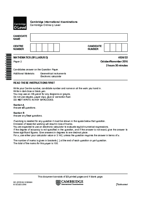Mathematics Syllabus D 4024/22 Oct Nov 2016