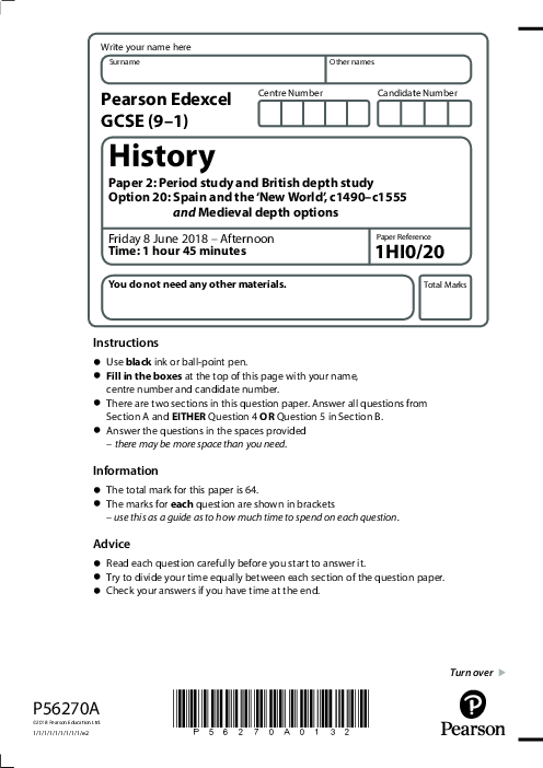  History  1HI0/20 June  2018 | Edexcel  GCSE Past Papers With Mark Scheme