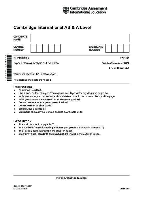 Chemistry 9701/43 Oct Nov 2022 | Cambridge AS Level Past Papers With Mark Scheme