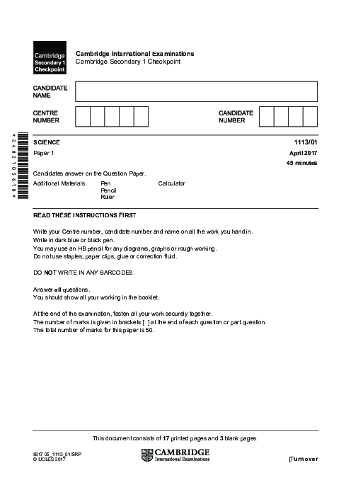 SCIENCE 1113,01 April 2017 | Cambridge Lower secondary Checkpoint Past Papers with Mark Schemes