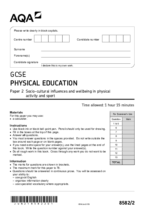 Physical Education 8582/2 June 2021