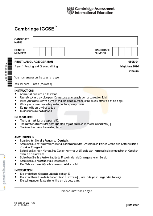 German First Language 0505/01 May June 2024