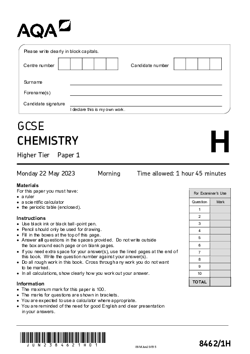 Chemistry 8462/1H June 2023