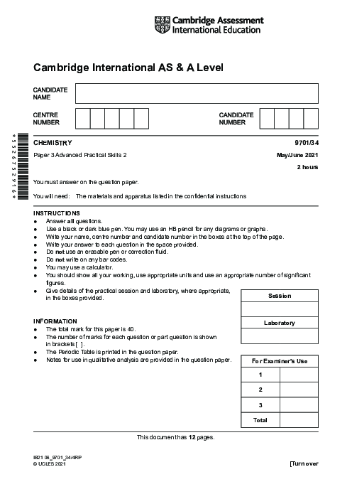 Chemistry 9701/41 May June 2021 | Cambridge AS Level Past Papers With Mark Scheme