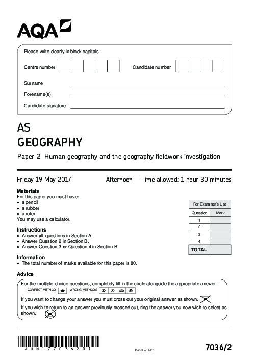  Geography 7036 Paper 2 June 2017, AQA AS-Level Past Papers with Mark Schemes