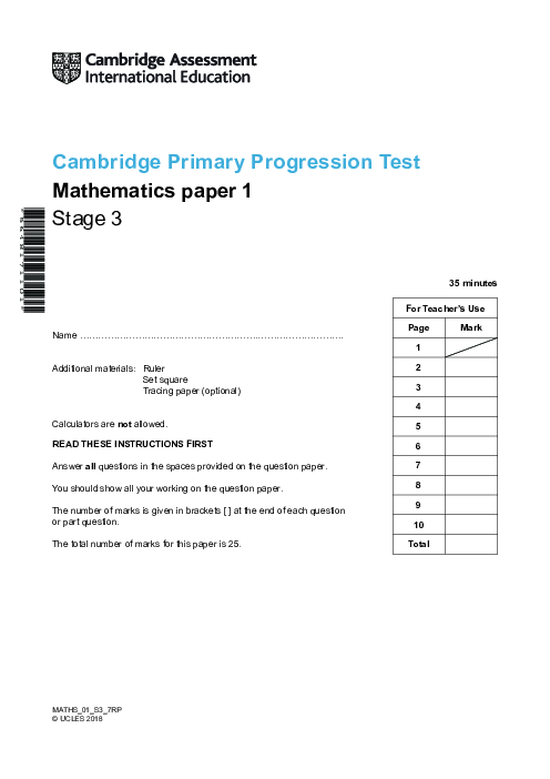 Cambridge Progression Test Stage 3 Mathematics 2018 Paper 1 With Mark Scheme