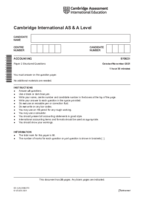 Accounting 9706/21 Oct Nov 2021 | Cambridge AS Level Past Papers With Mark Scheme