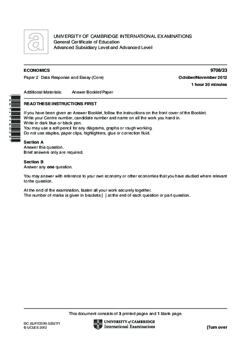 Economics 9708/33 Oct Nov 2012 | Cambridge AS Level Past Papers With Mark Scheme