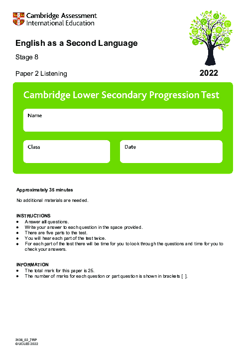 Progression Test Stage 8 English as a Second Language 2022 Paper 2 With Mark Scheme