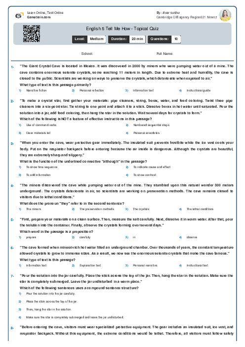  English 5 | Tell Me How - Topical Quiz