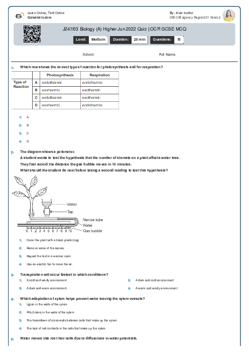 J247/03 Biology (A) Higher Jun 2022 Quiz | OCR GCSE MCQ