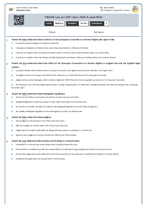7162/3B Law Jun 2021 Quiz | AQA A Level MCQ