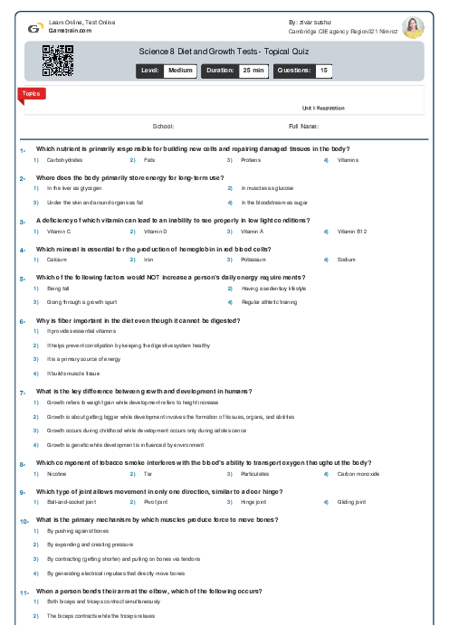 Science 8 Diet and Growth Tests - Topical Quiz