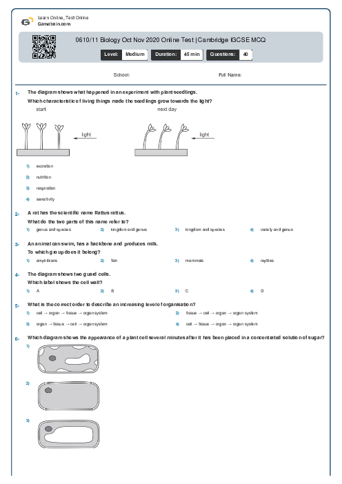 0610/11 Biology Oct Nov 2020 Online Test | Cambridge IGCSE MCQ