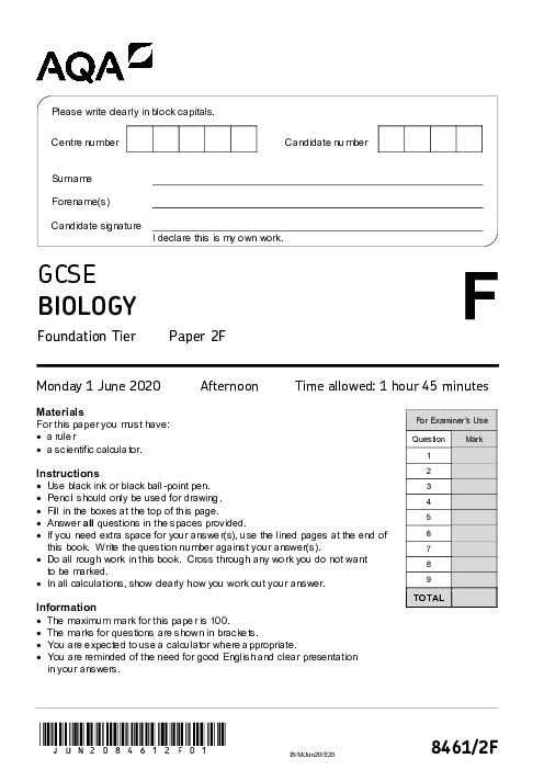 Biology 8461/2F June 2020