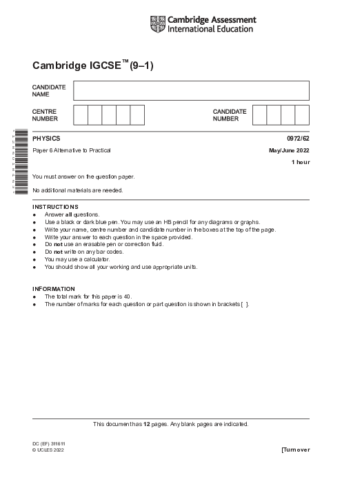 Paper 5, Variant 1, May June 2022 | Cambridge 9–1 GCSE  Physics (0972) Past Papers