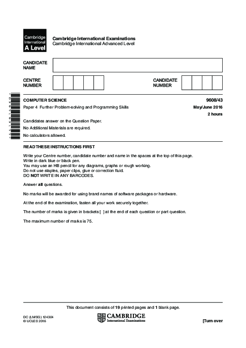  Computer Science 9608/41 May June 2016 | Cambridge AS & A Level Past Papers With Mark Scheme