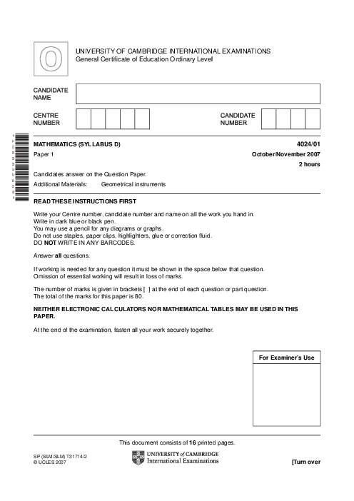 Mathematics Syllabus D 4024/02 Oct Nov 2007