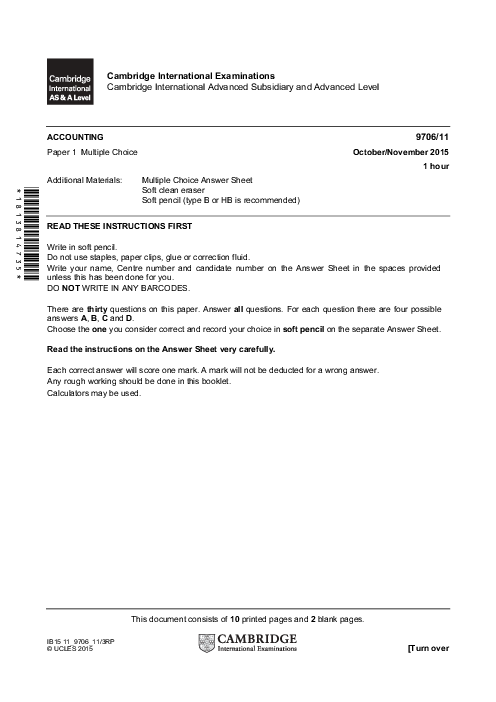 Accounting 9706/23 May June 2015 | Cambridge AS Level Past Papers With Mark Scheme