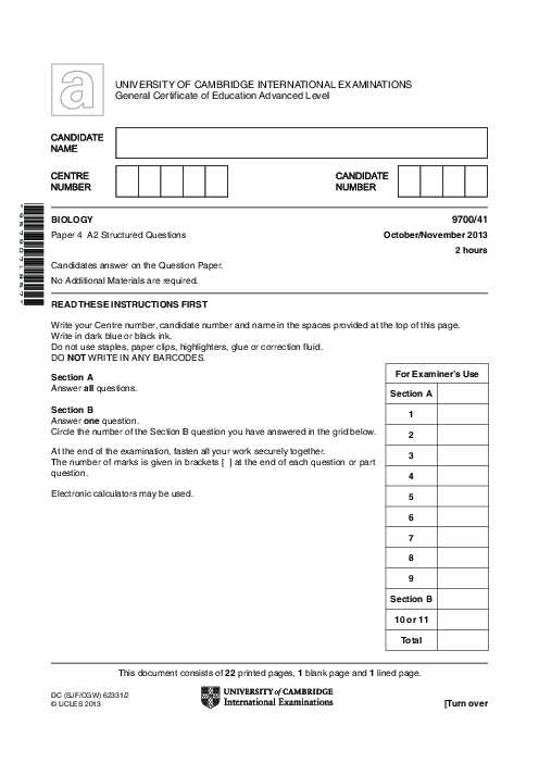 Biology 9700/42 Oct Nov 2013 | Cambridge AS Level Past Papers With Mark Scheme